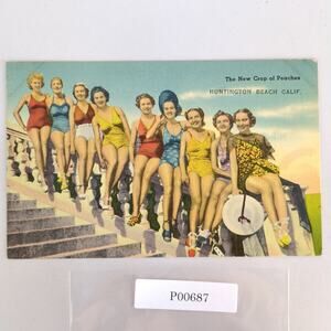 The New Crop of Peaches Huntington Beach CA 1930s Linen Postcard Pin Up Girls